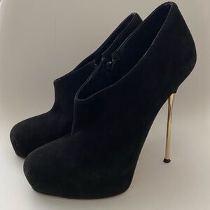 Brian Atwood "Cohen" black suede stiletto platform  booties gold color heel 36.5